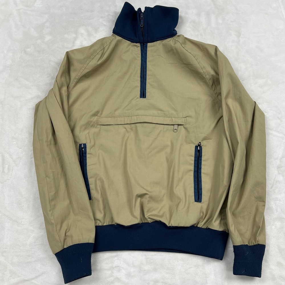 LL Bean Anorak Jacket Mens Tan Navy Blue Quarter Zip Pullover Vintage Pocket